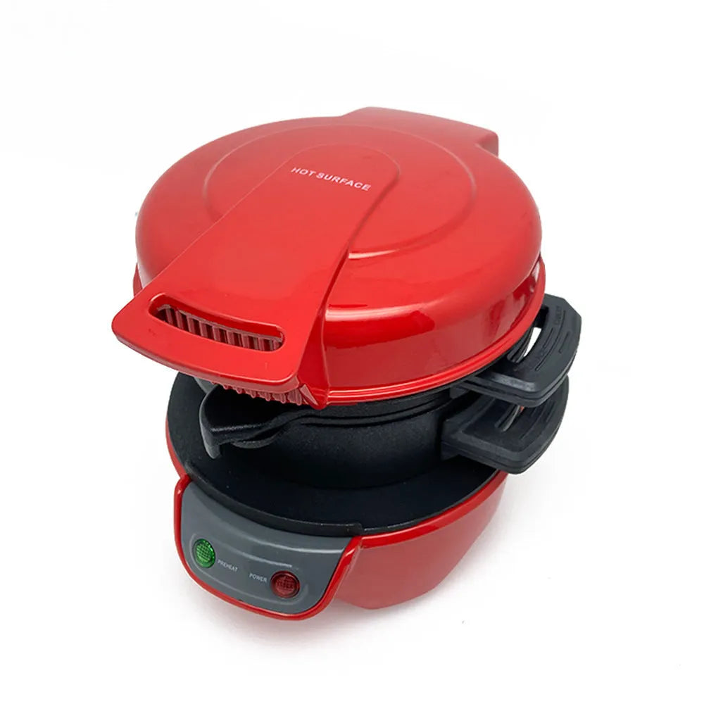 Breakfast sandwich maker with egg cooker ring in bright red, orange, or silver grey colours