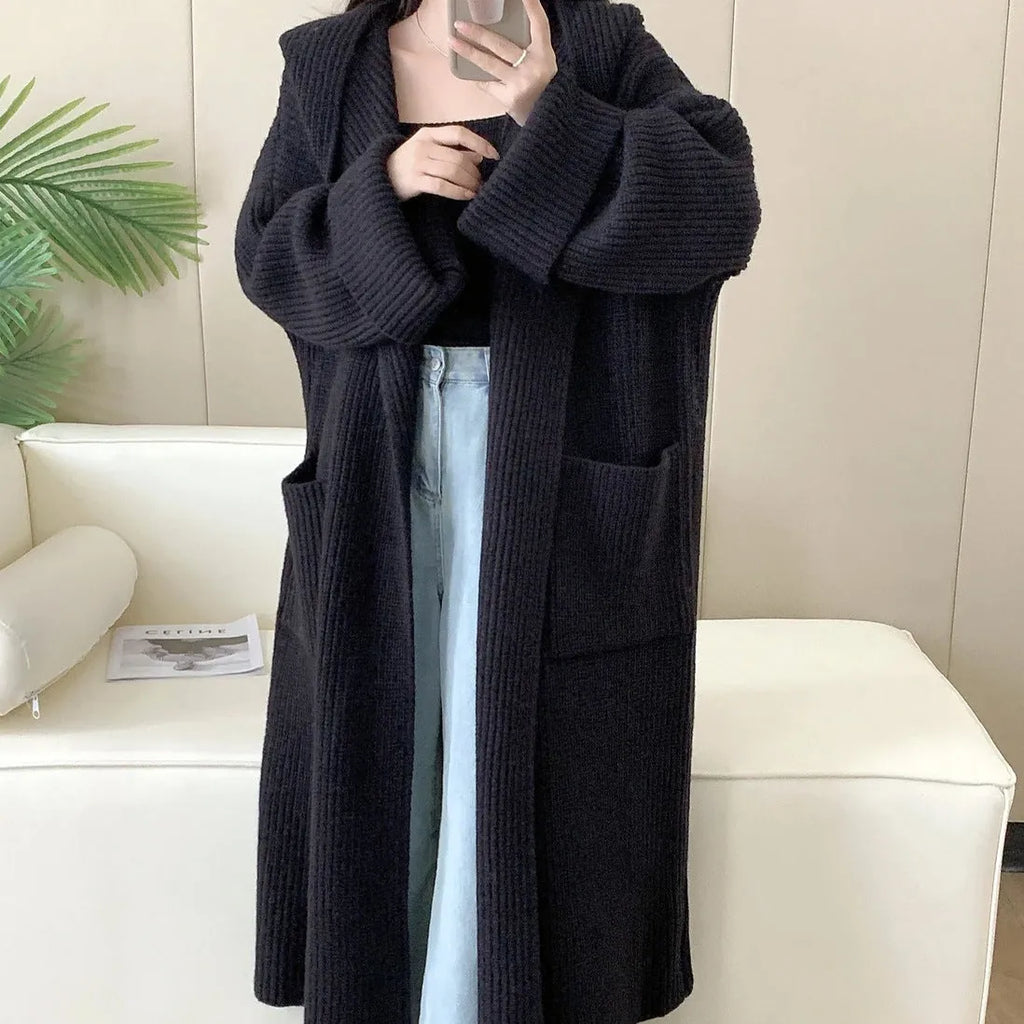 Women's loose hooded cardigan coat in acrylic fibre with 80cm length