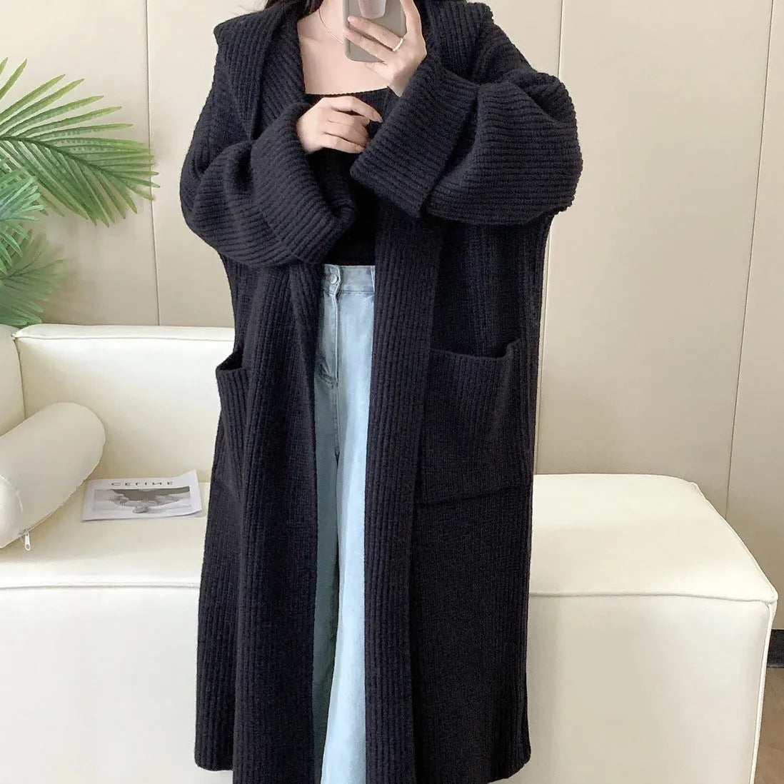 Women's loose hooded cardigan coat in acrylic fibre with 80cm length