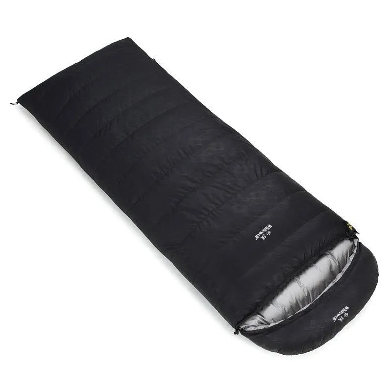 Black outdoor sleeping bag with goose down filler and tear-resistant nylon fabric shown unzipped.
