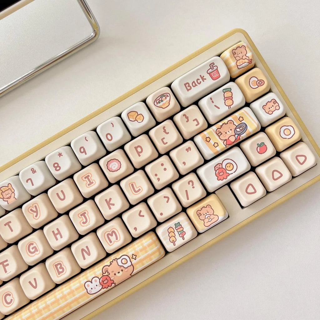 Rabbit Bear Restaurant themed PBT plastic keycap set showing detailed coloured artwork on 140 EOA height keycaps.