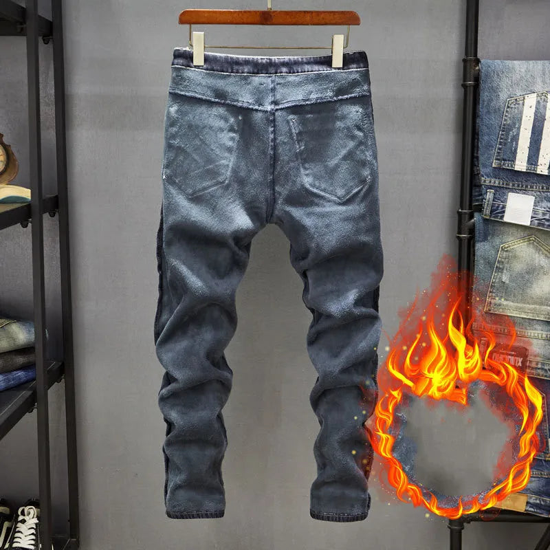 Men's slim-fit skinny jeans in dark blue cotton denim fabric on a hanger.