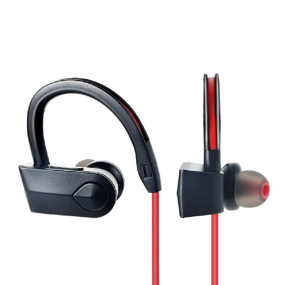 Black wireless neckband Bluetooth earphones with in-ear design and USB charging cable