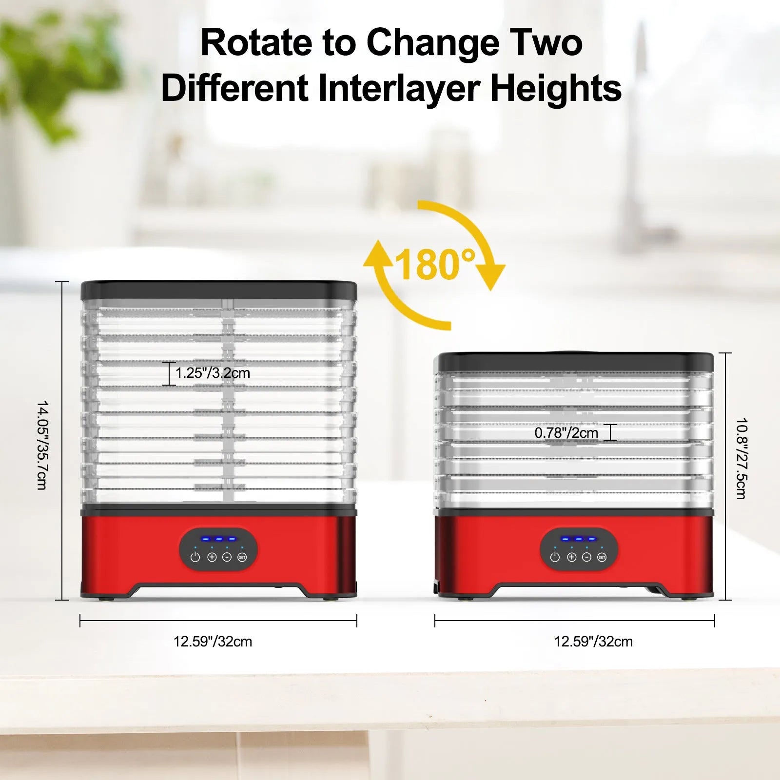 Silver or red household food dehydrator with 8 drying trays, showing compact design.