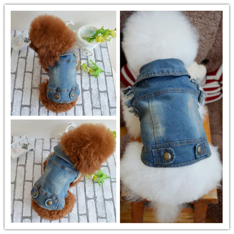Denim dog vest with retro scratch pattern design in dark blue colour for small breed dogs