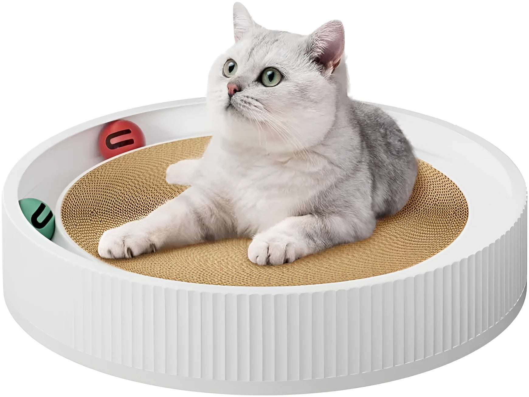 Large green circular cat scratching board with ball track and plush toy for indoor cats