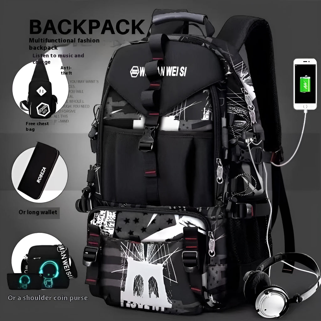 Men's waterproof Oxford cloth hiking backpack showing 56-75L capacity and air pillow belt system in black colour option