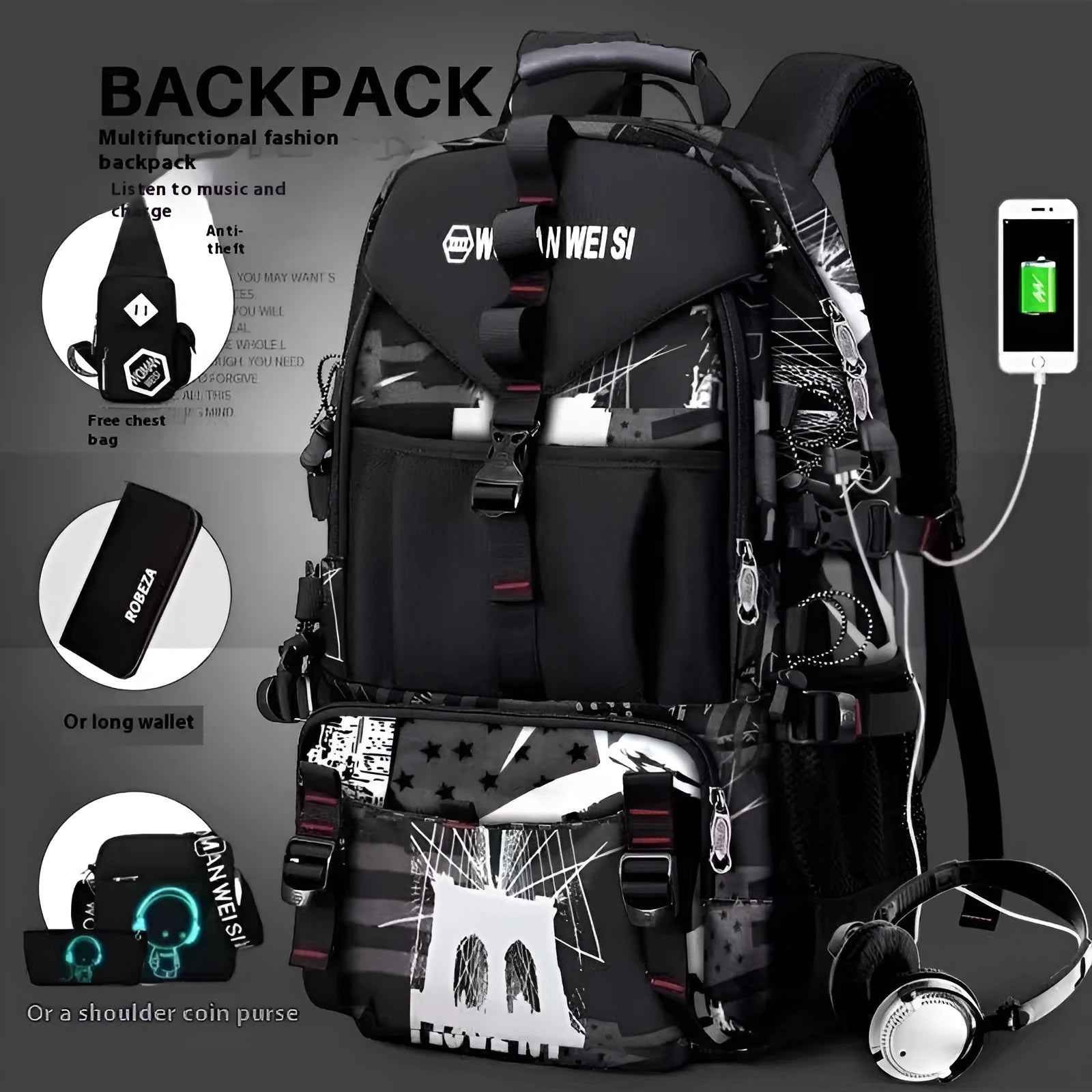Men's waterproof Oxford cloth hiking backpack showing 56-75L capacity and air pillow belt system in black colour option