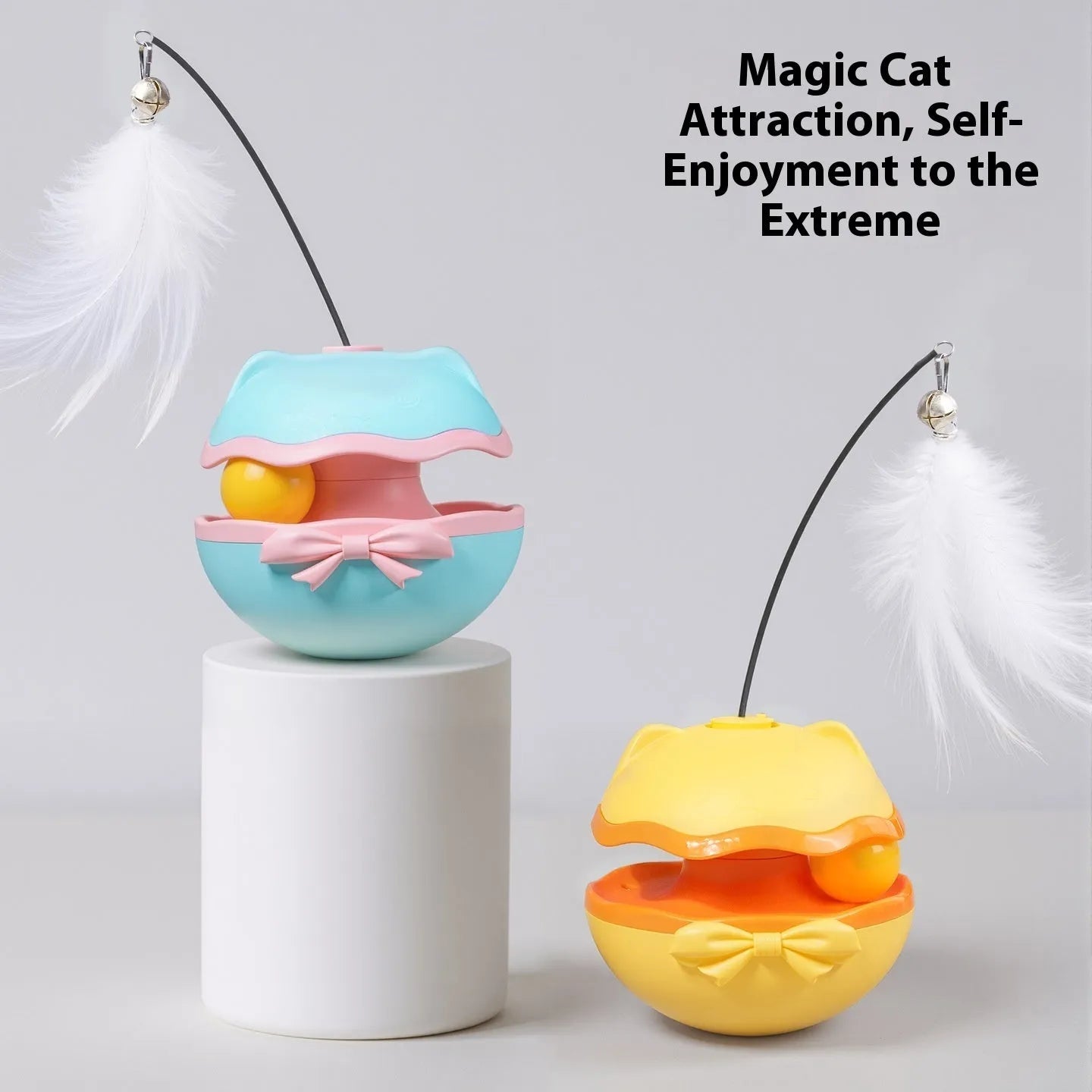 Electric cat toy tumbler in lemon yellow, sky blue and soft fog grey colour options
