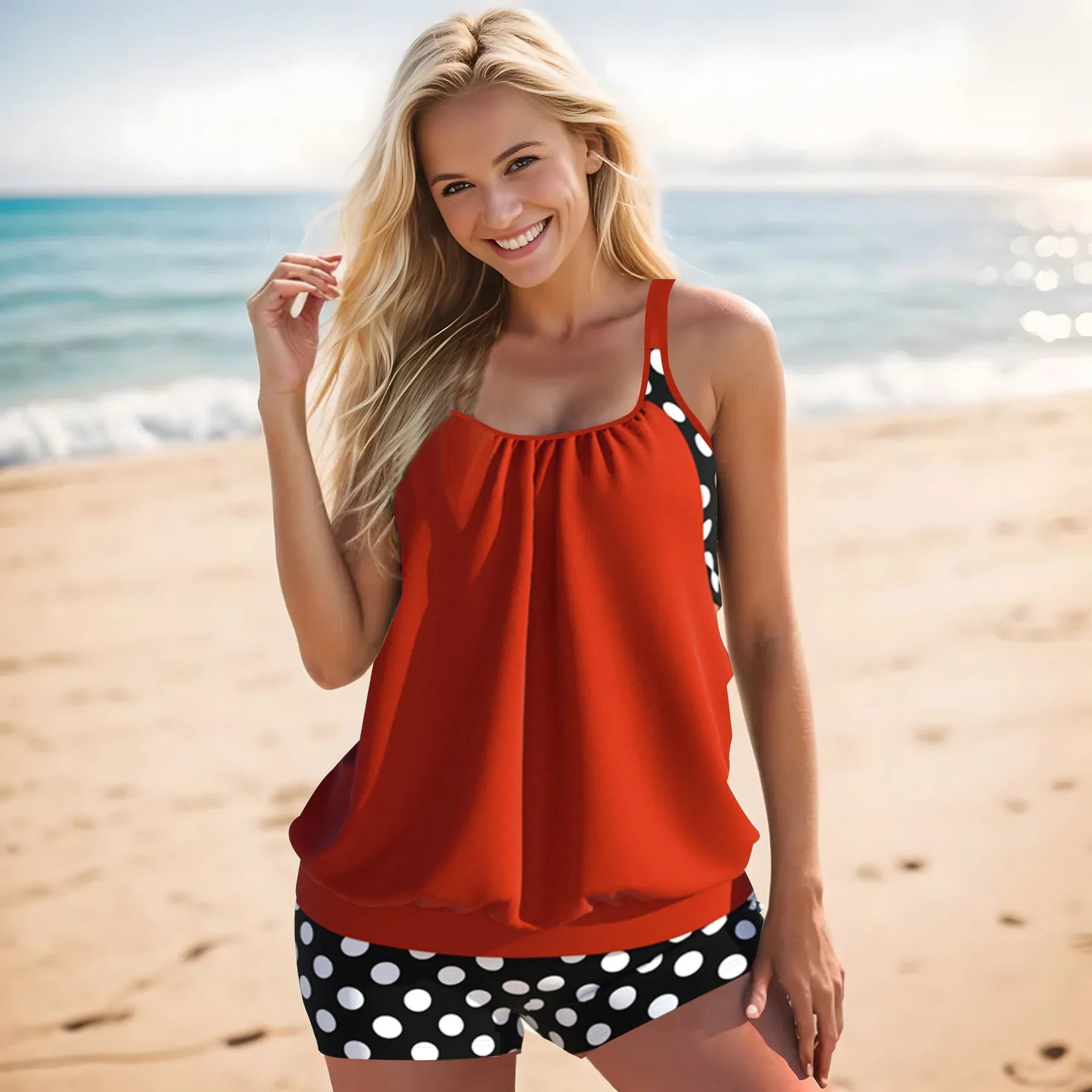 Women's black polka dot high-waist swimsuit briefs and top on a mannequin