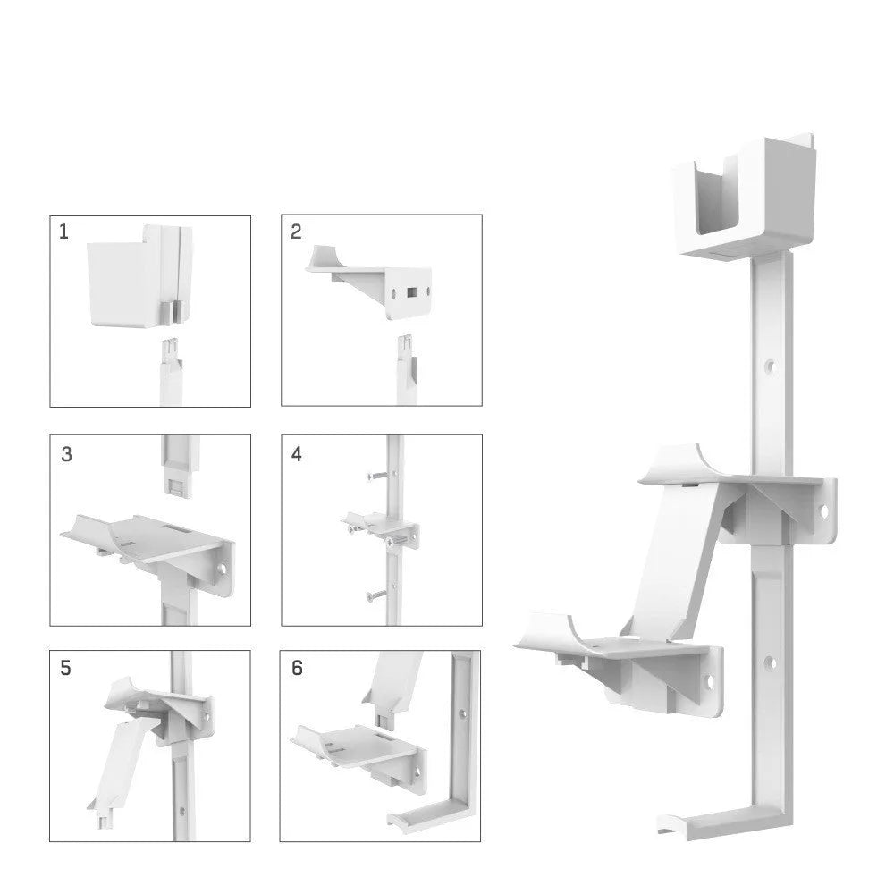 White wall-mounted plastic hook holding a game controller and remote control