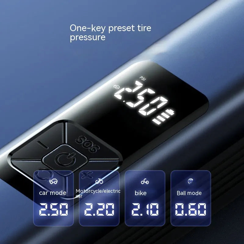Wireless digital display car air pump and vacuum cleaner unit with accessories on a grey background