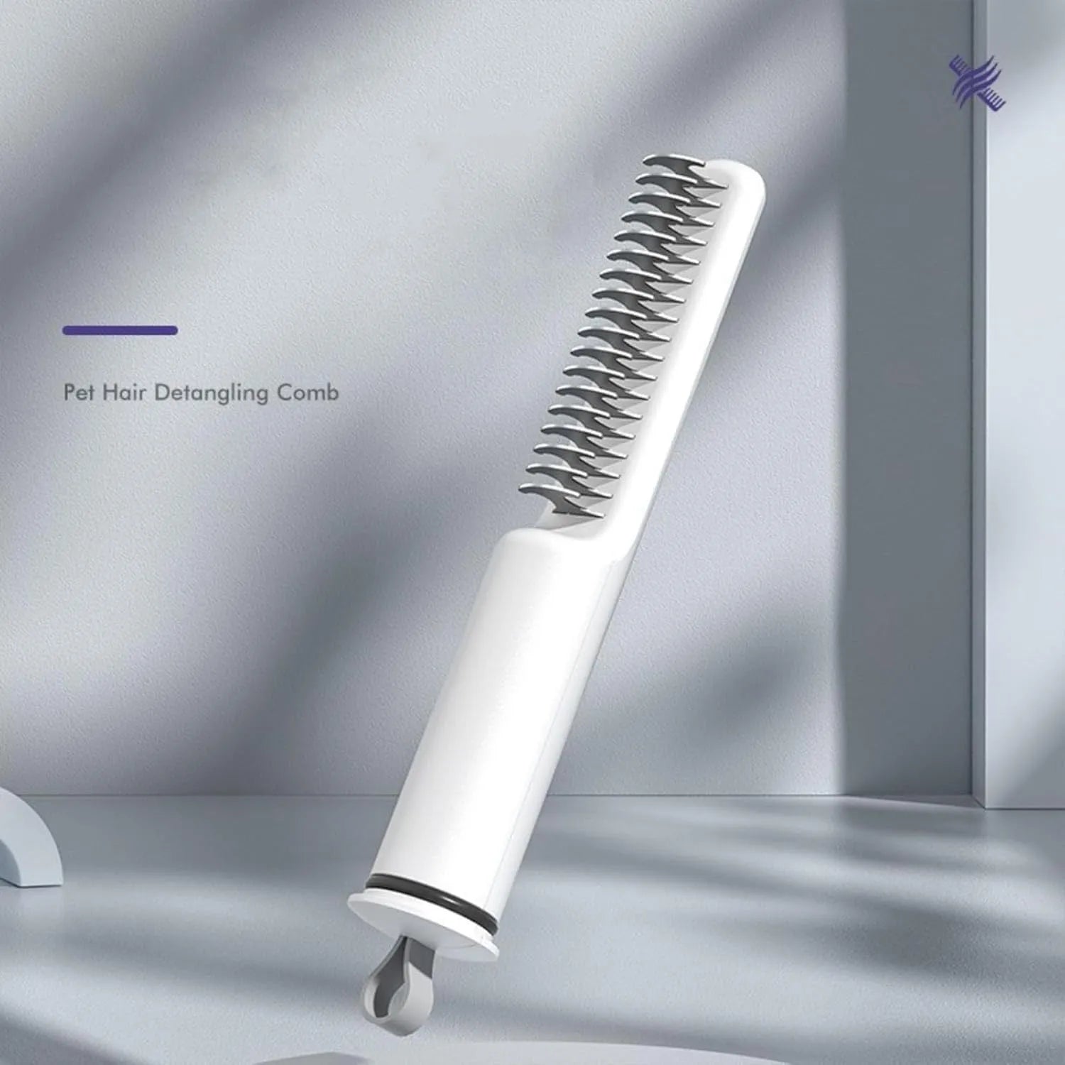 Stainless steel pet detangling comb with rake teeth on a pink handle for removing knots from dog hair.