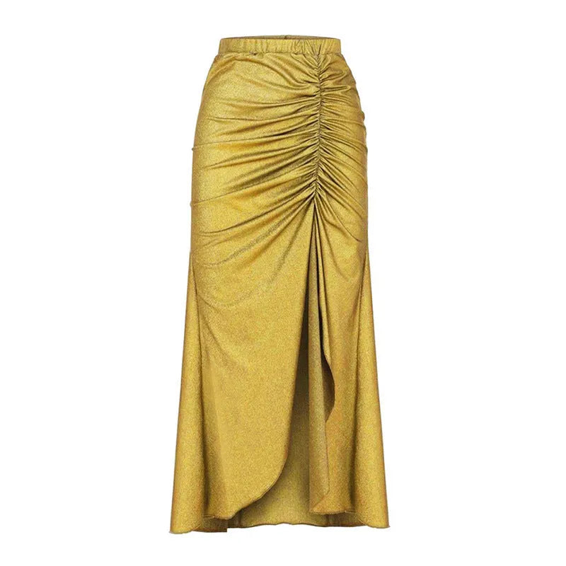 Women's high-waisted split bikini set with cover-up skirt in green or yellow colours