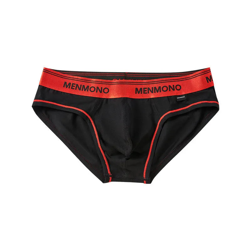 Men's low waist cotton briefs showing two-tone colour combinations including black/blue and white/red options