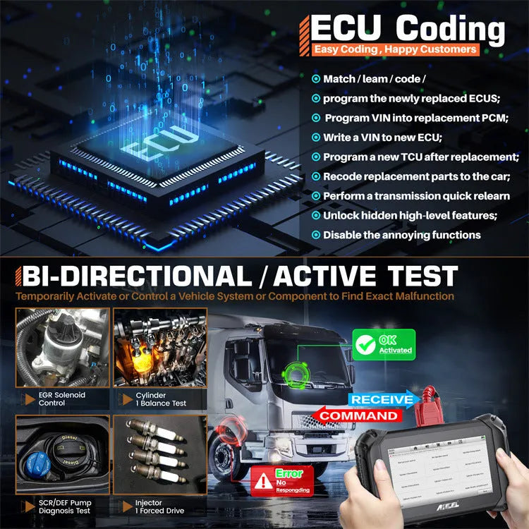 V5HD diesel truck diagnostic tool in black with power plug set including EU UK and US options on a white background