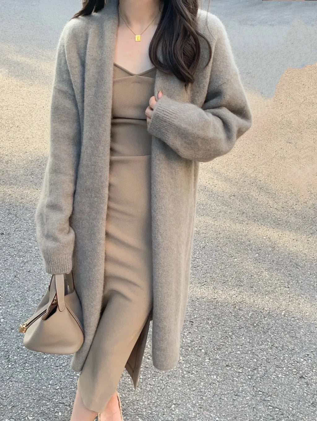 Women's knitted cardigan with V-neck and mid-length 65cm design in multiple colour options