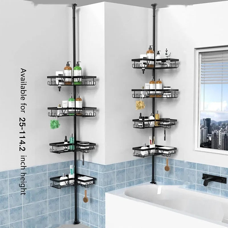 Four-layer stainless steel bathroom storage rack with retractable design and hole-free installation