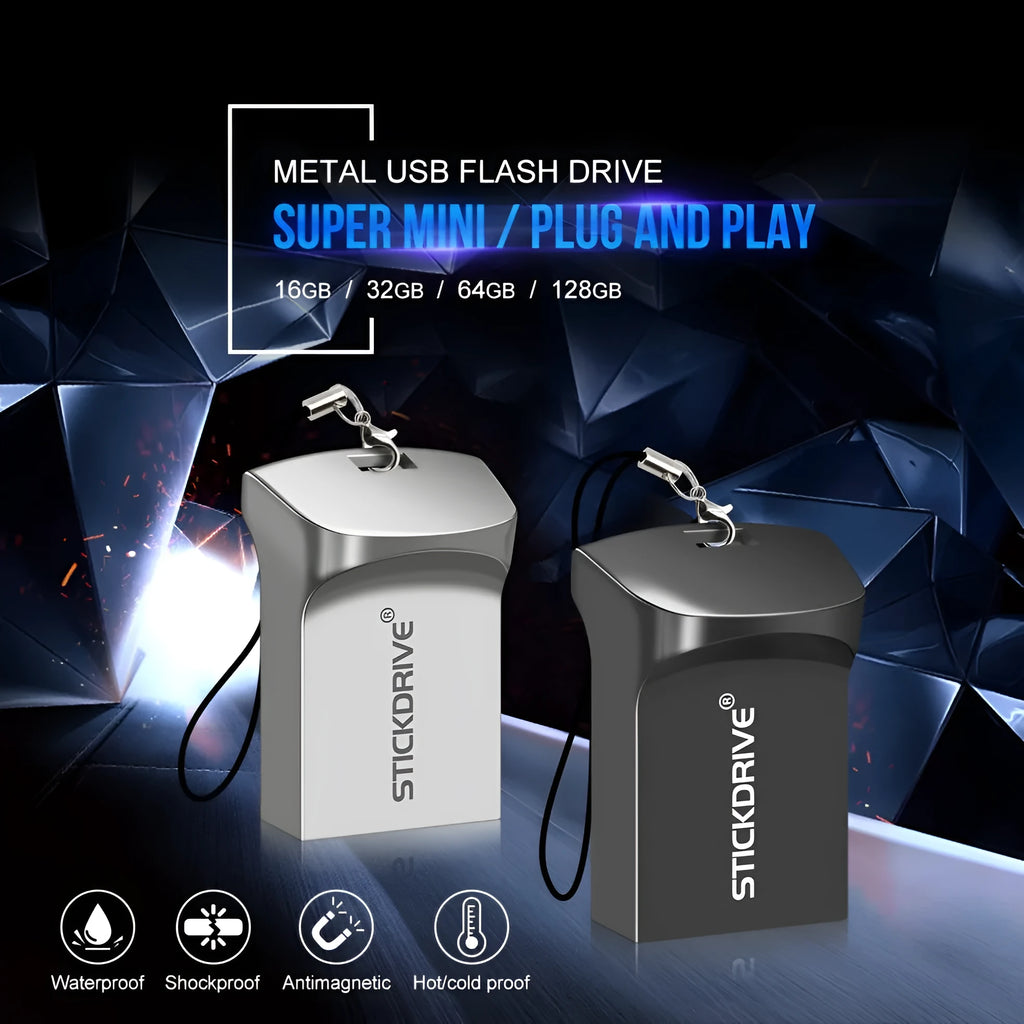 Metal USB flash drive on necklace chain in black or silver with capacity options to 128GB