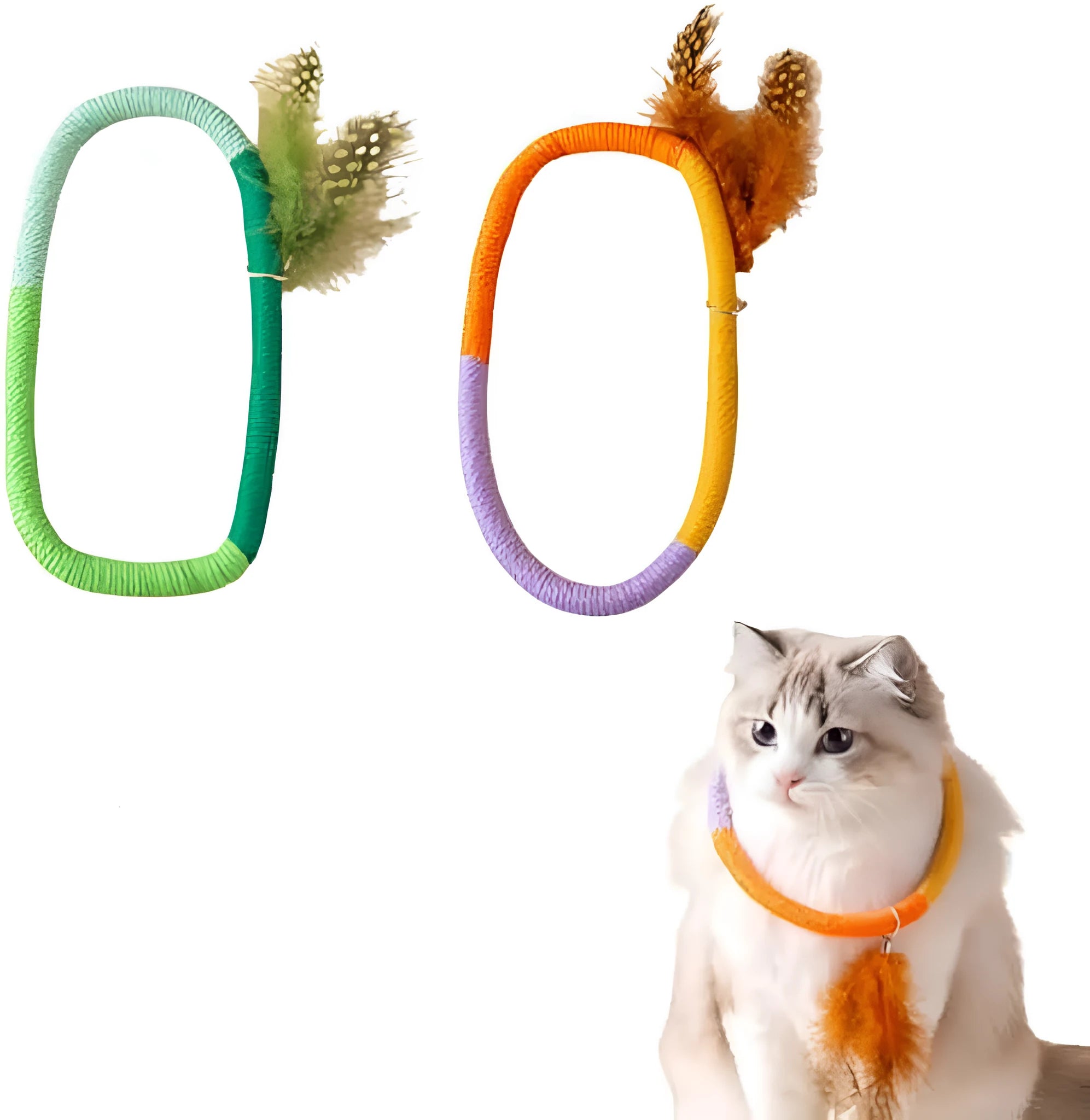 Circular green cotton rope cat toy with feathers and catnip for chewing and interactive play