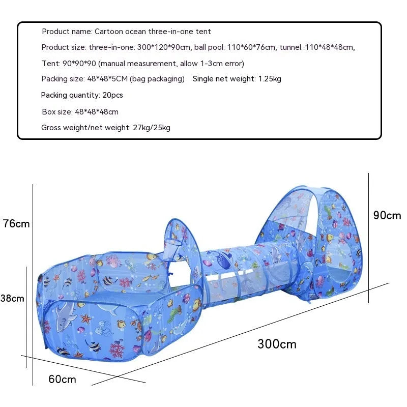 Three-piece children's play tent centre with integrated ball pool and tunnel in colourful cartoon design