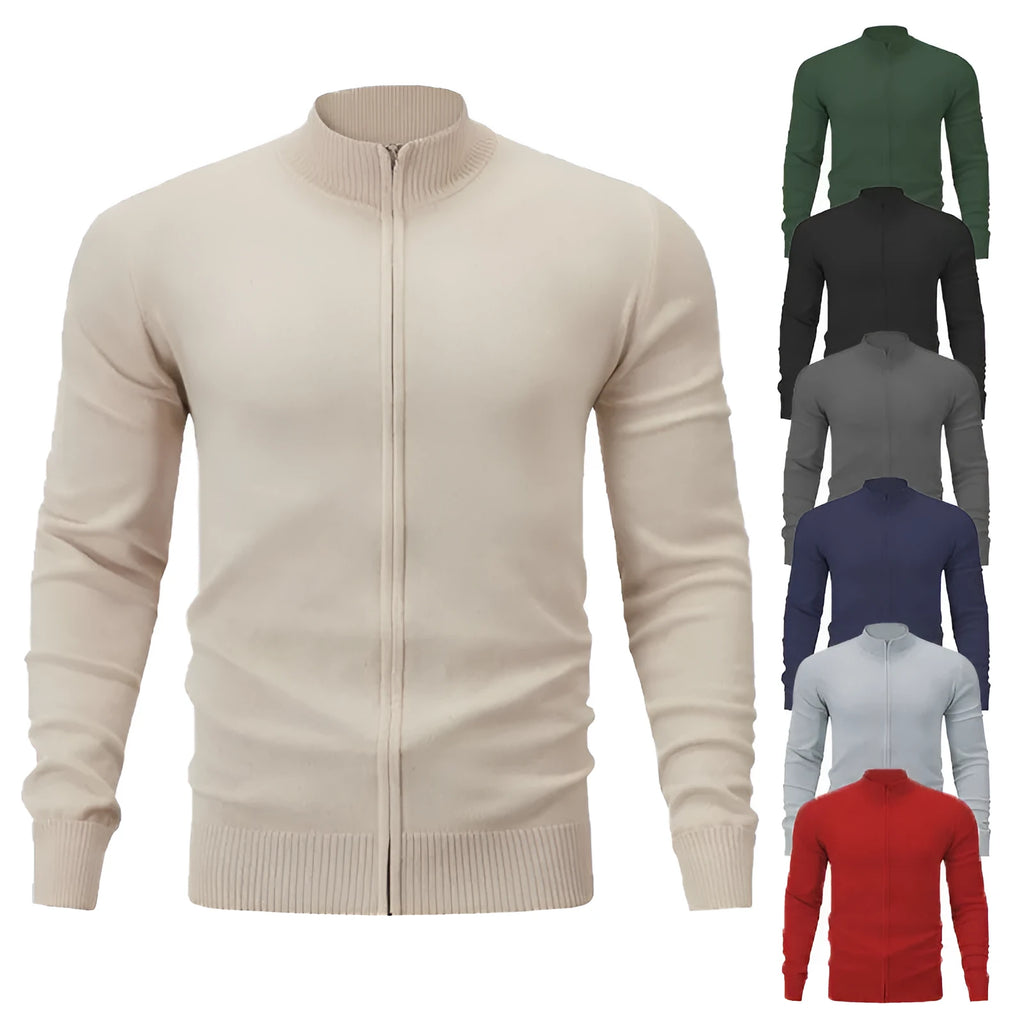 Men's grey stand collar zip-up casual sports sweater hanging on a plain background.