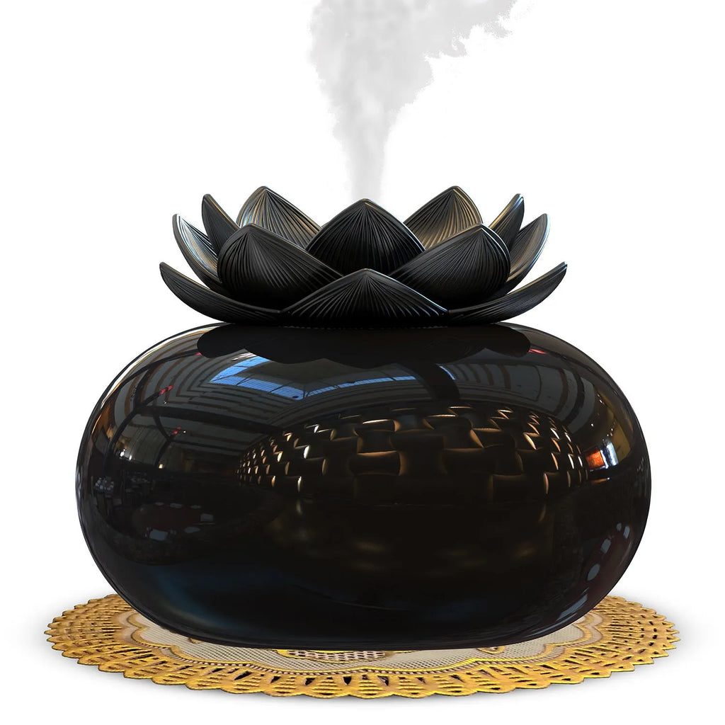 Black lotus-shaped ultrasonic humidifier with USB cable connection