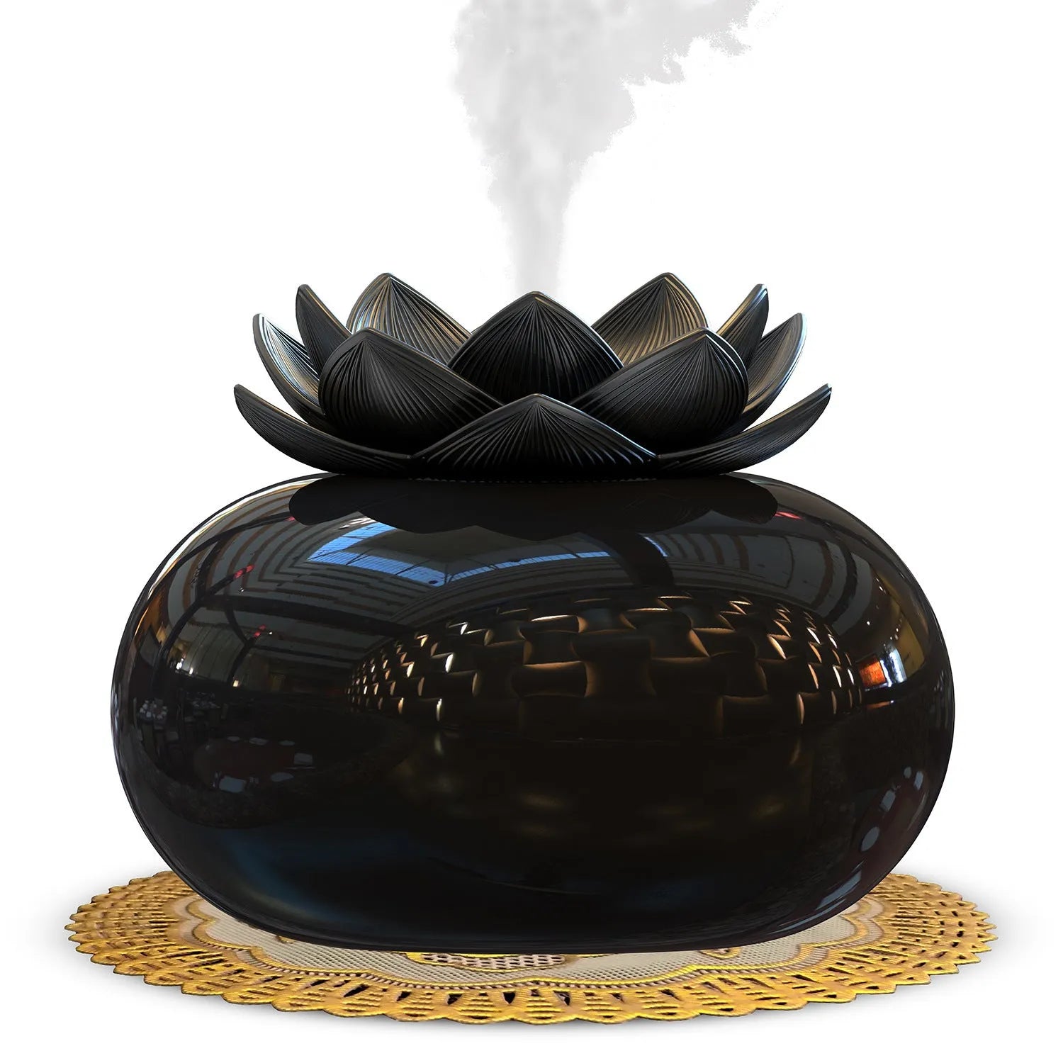 Black lotus-shaped ultrasonic humidifier with USB cable connection