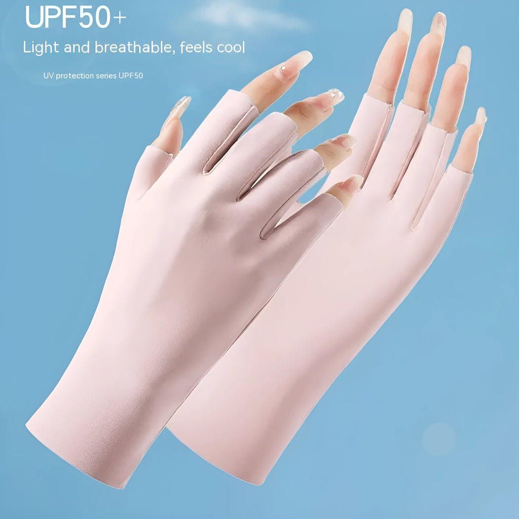 Women's thin fingerless sun protection gloves in ice silk fabric with UPF50+ rating