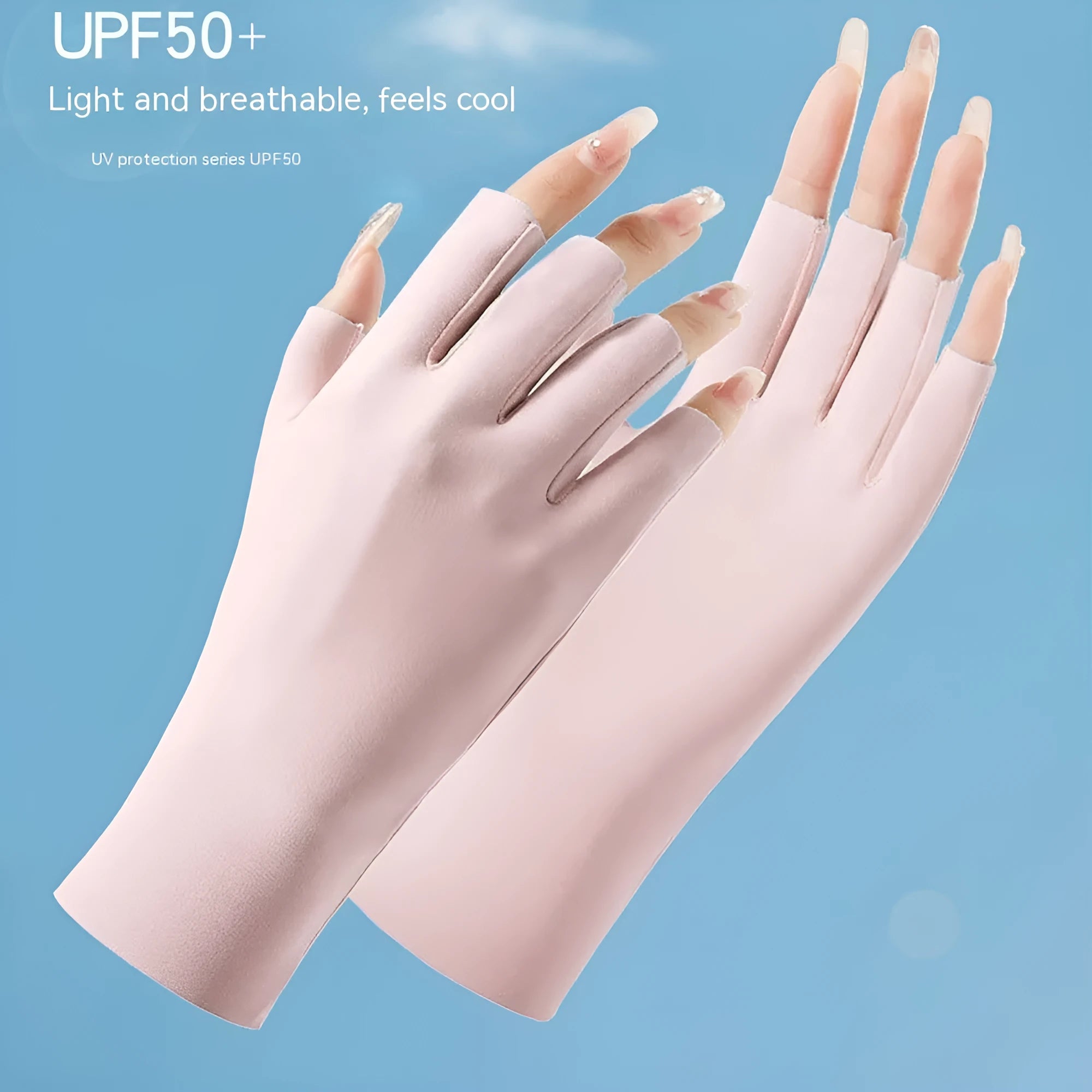 Women's thin fingerless sun protection gloves in ice silk fabric with UPF50+ rating