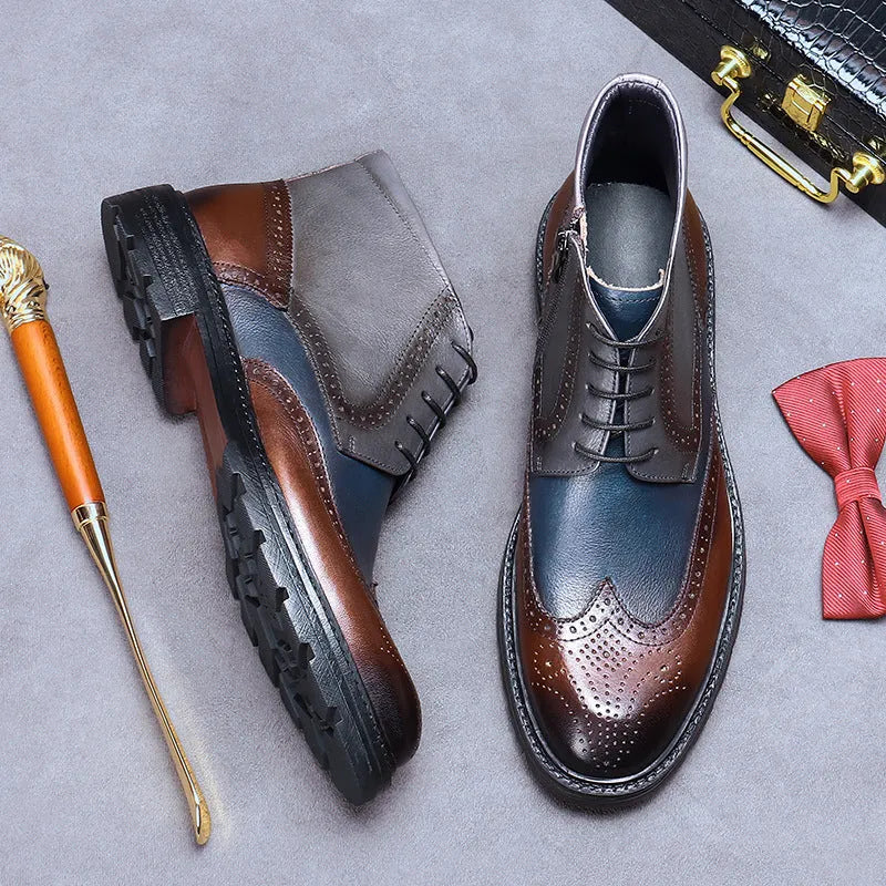 Coffee blue mens leather brogue boots with colour blocking and carved detail, shown from the side.