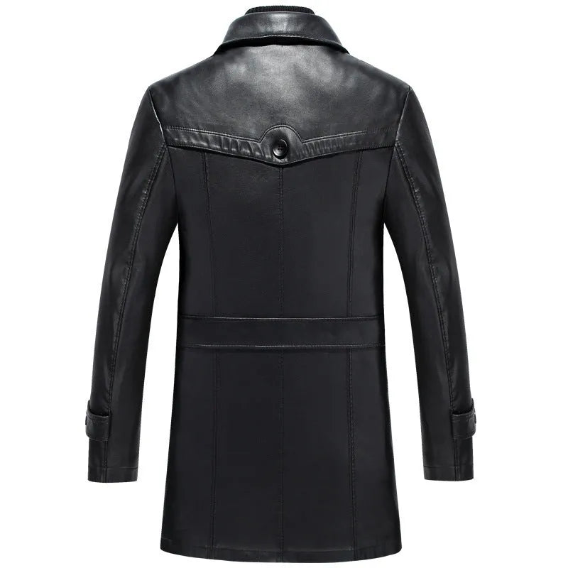 Black men's mid-length sheepskin suit with suit collar, zip closure, colour block pattern, and straight hem on a model