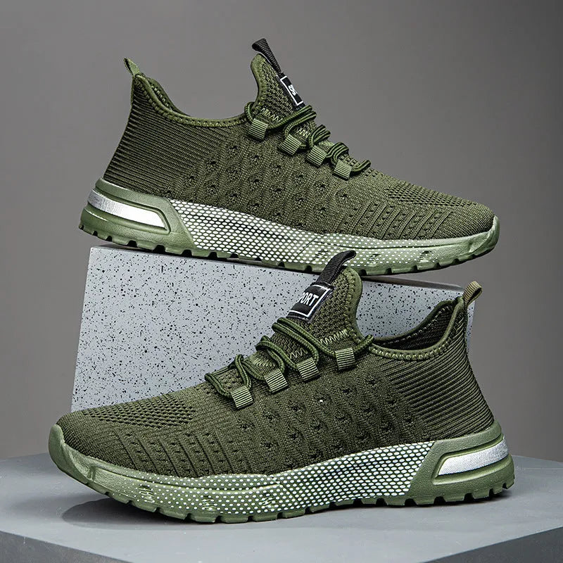 Men's solid colour casual shoes with mesh upper in Army Green, shown on a size 42 foot.
