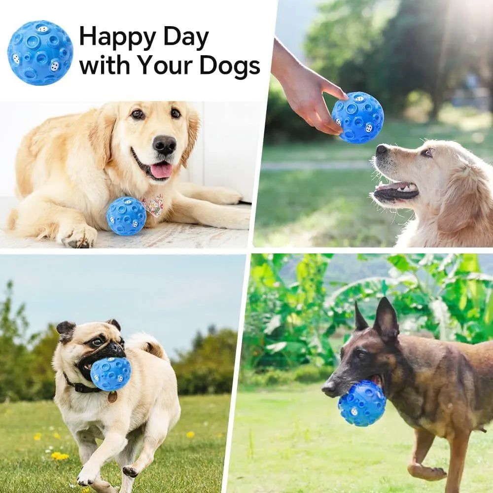 Durable natural rubber dog ball toy with magical squeaky sound for aggressive chewers in five colour options