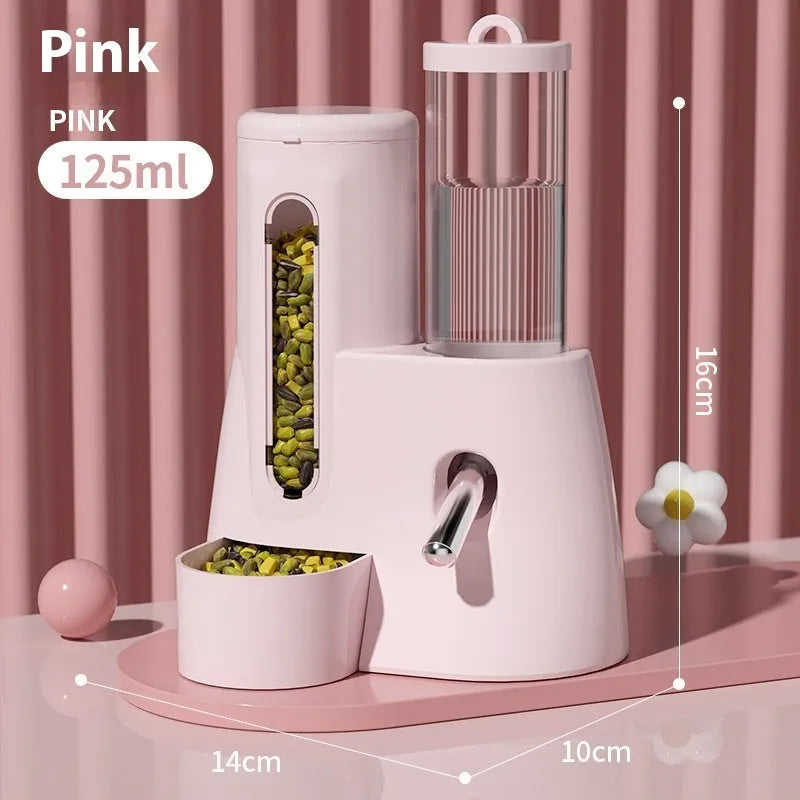 Hamster automatic drinking water feeder with integrated food basin in blue, pink, or white.