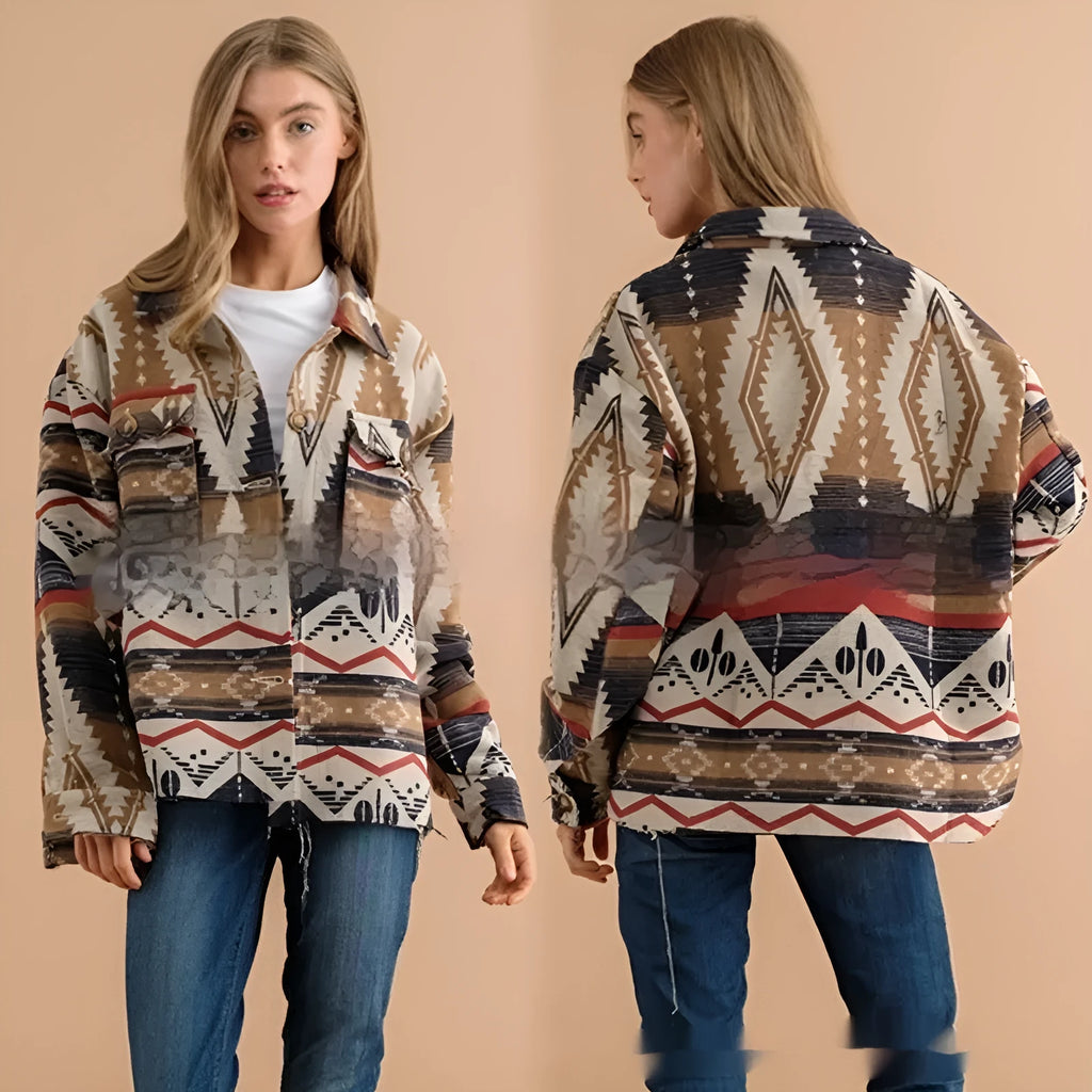 Women's loose fit retro jacket with art deco print in wool blend, shown in army green colour.