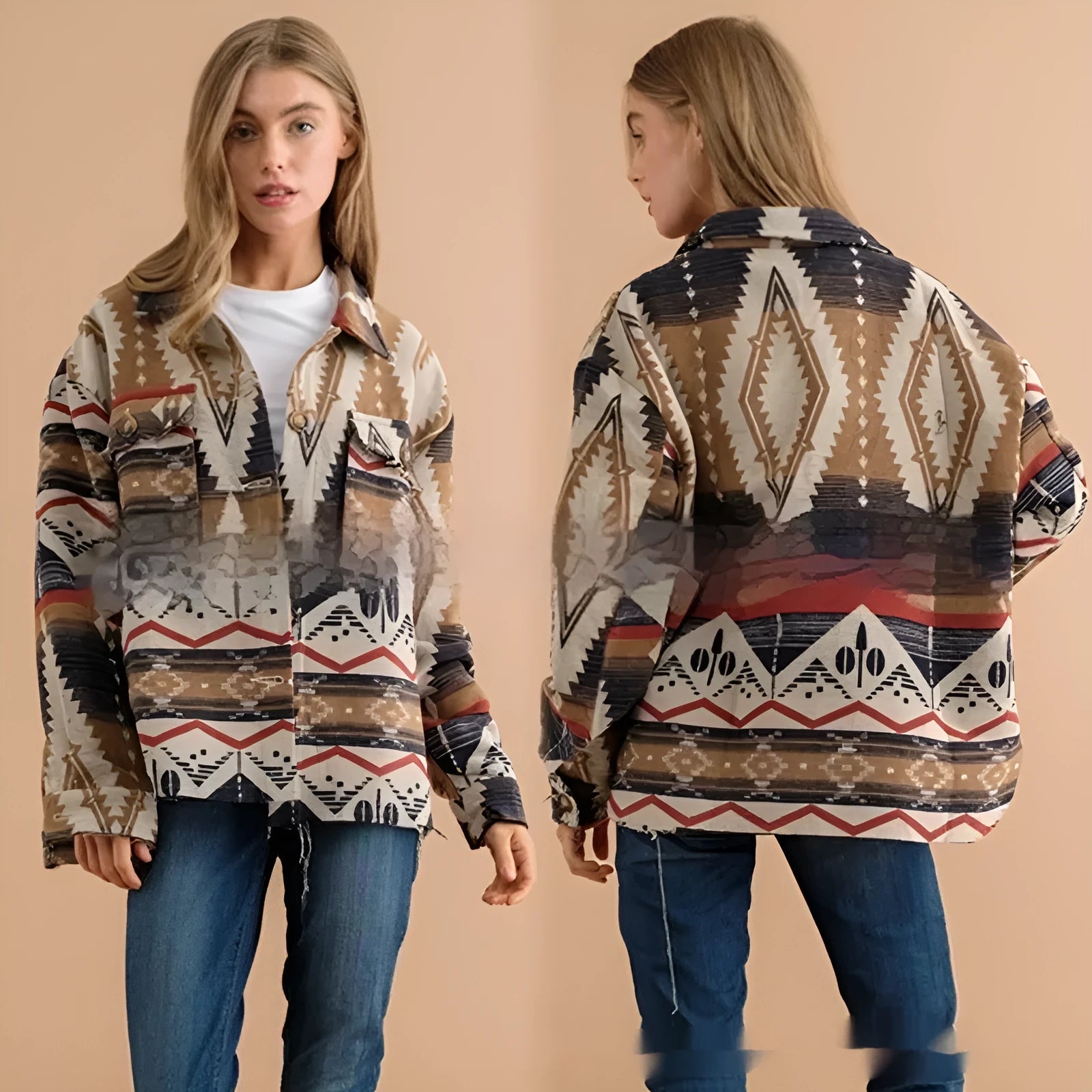 Women's loose fit retro jacket with art deco print in wool blend, shown in army green colour.