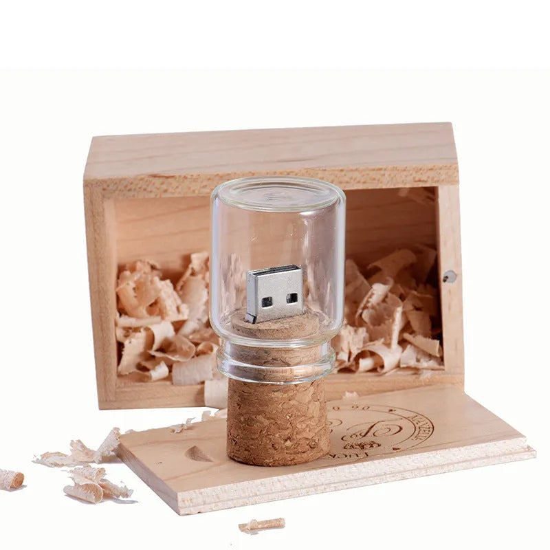 Personalised wooden USB flash drive with chocolate-brown casing showing dimensions and custom graphic option