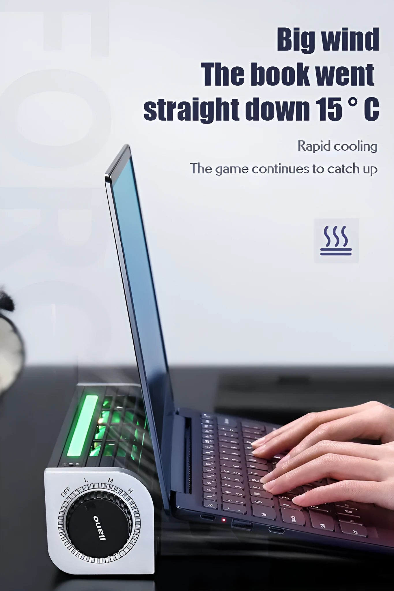Black laptop cooling pad with dual large fans, showing USB cable and optional integrated support stand.