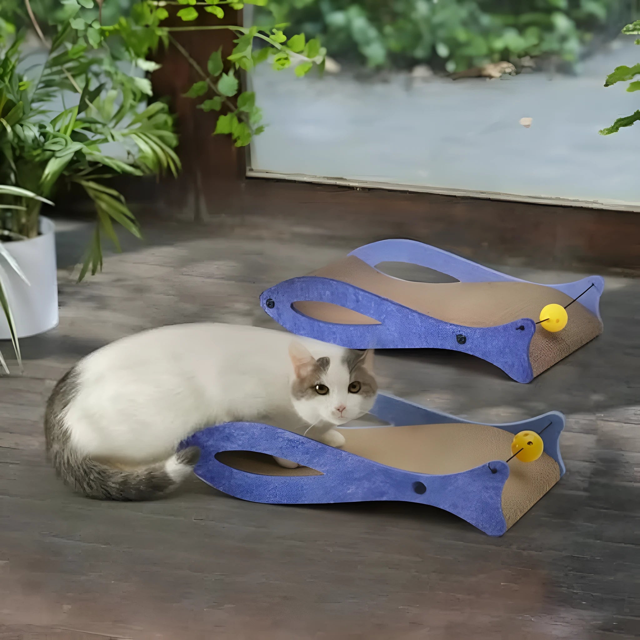 Blue fish-shaped cardboard cat scratcher lounge with an integrated bell ball toy on a string.