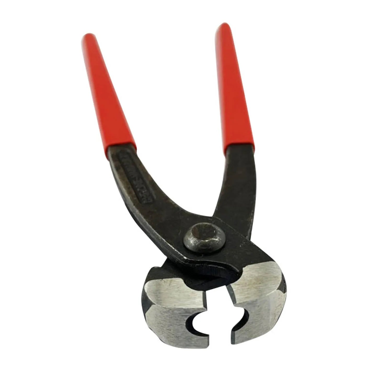 Red cloth style single ear metal PEX clamp with carbon steel cutting edge.