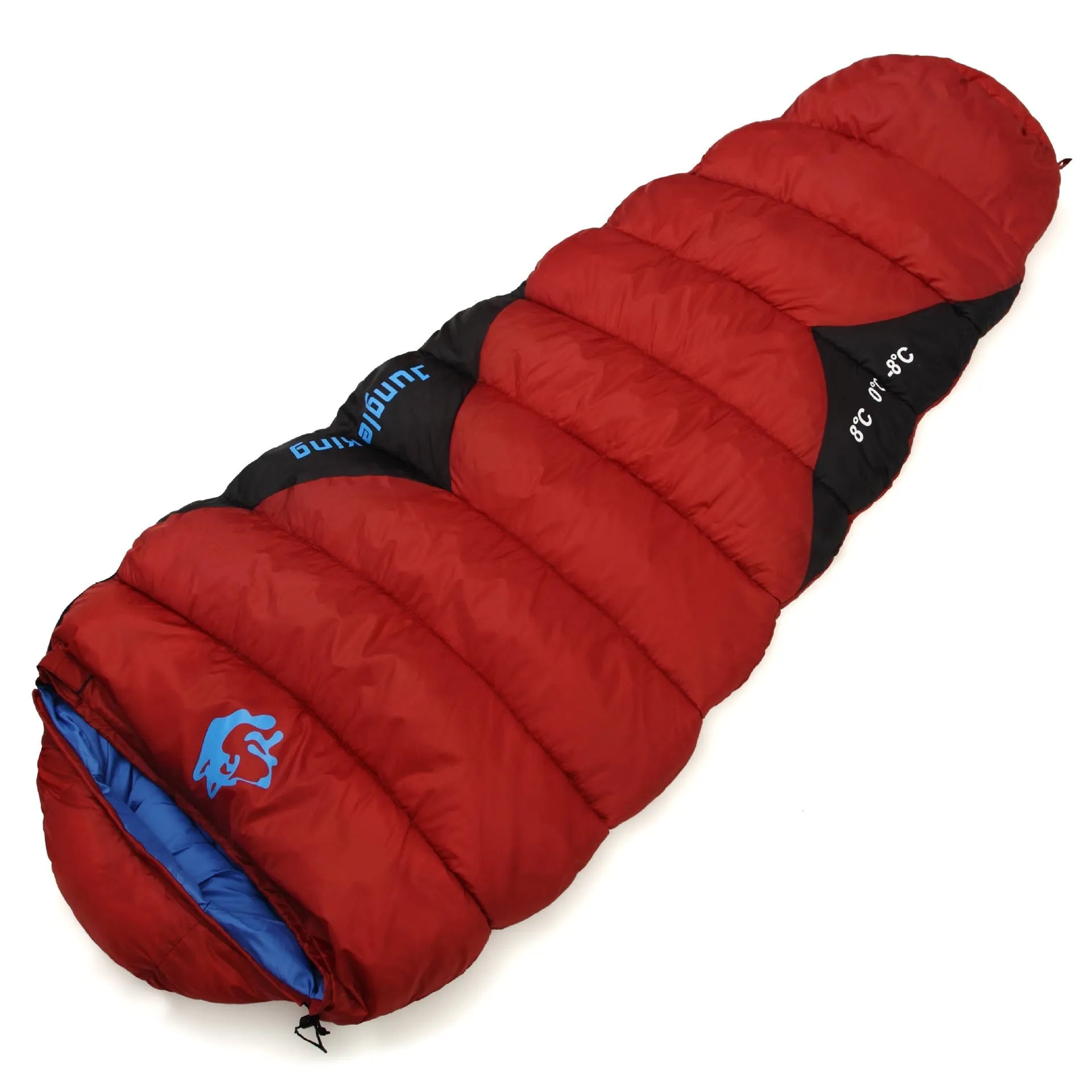 Cotton sleeping bag in Army Green colour compressed inside its storage bag alongside the unfolded sleeping bag.