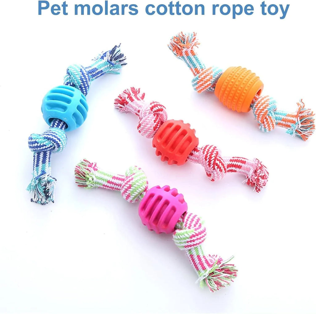 Blue silicone molar-ball dog chew toy with white rope ends on a wooden floor.