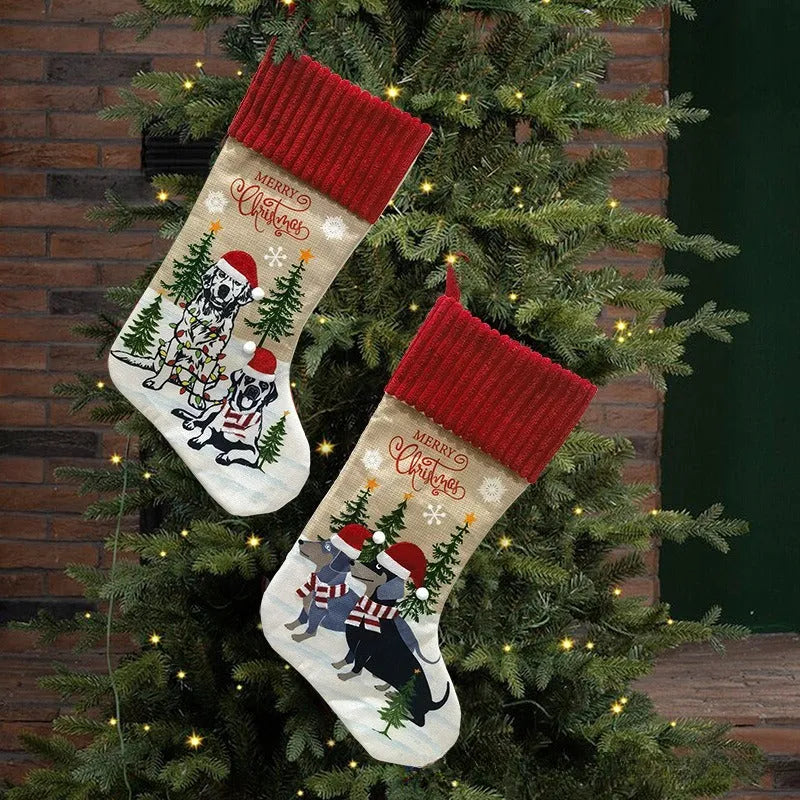Large 46x28cm cloth Christmas tree pendant with pet and gift bag design in pastoral style