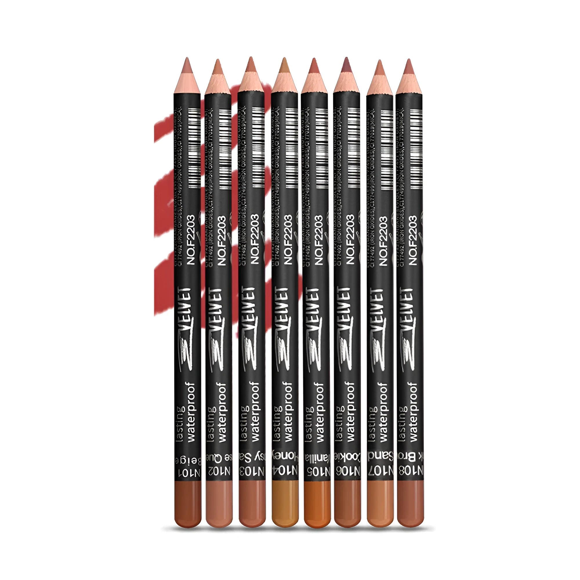 Matte finish lip liner pencil in wooden tone showing waterproof 24-hour formula