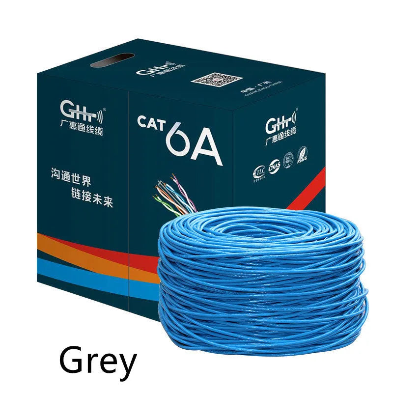 305-metre drum of blue Cat 6 oxygen-free copper gigabit network cable with specifications label.