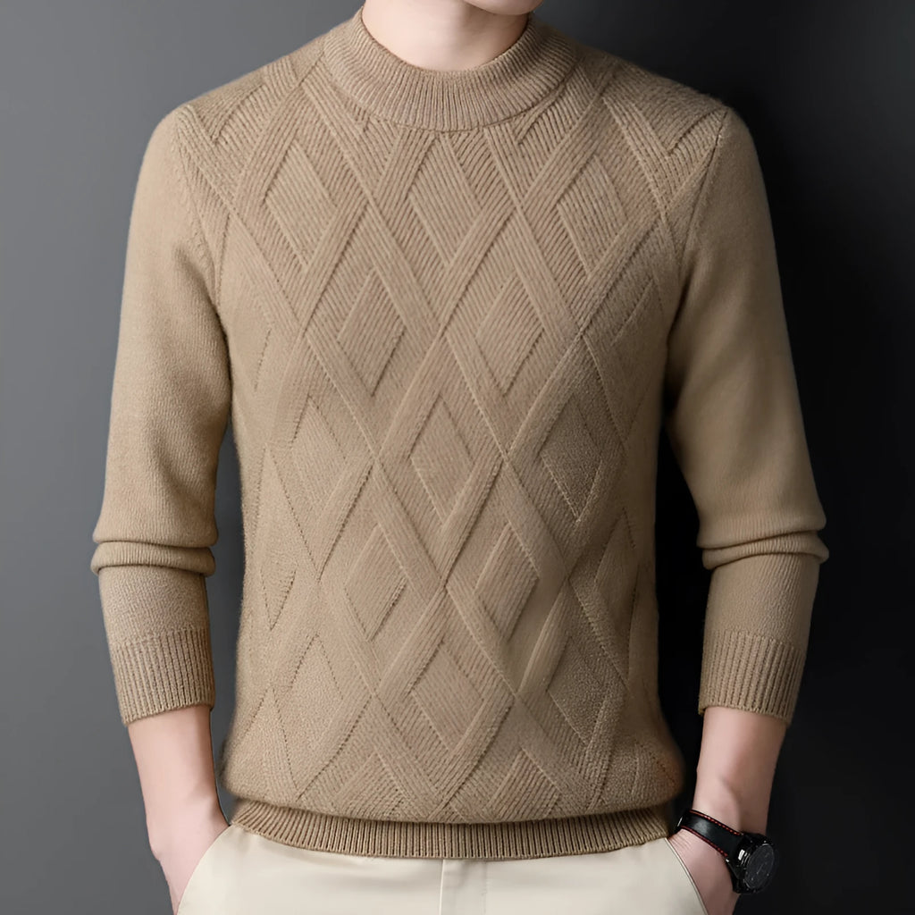 Men's thick grey diamond jacquard wool-blend pullover sweater on a hanger.