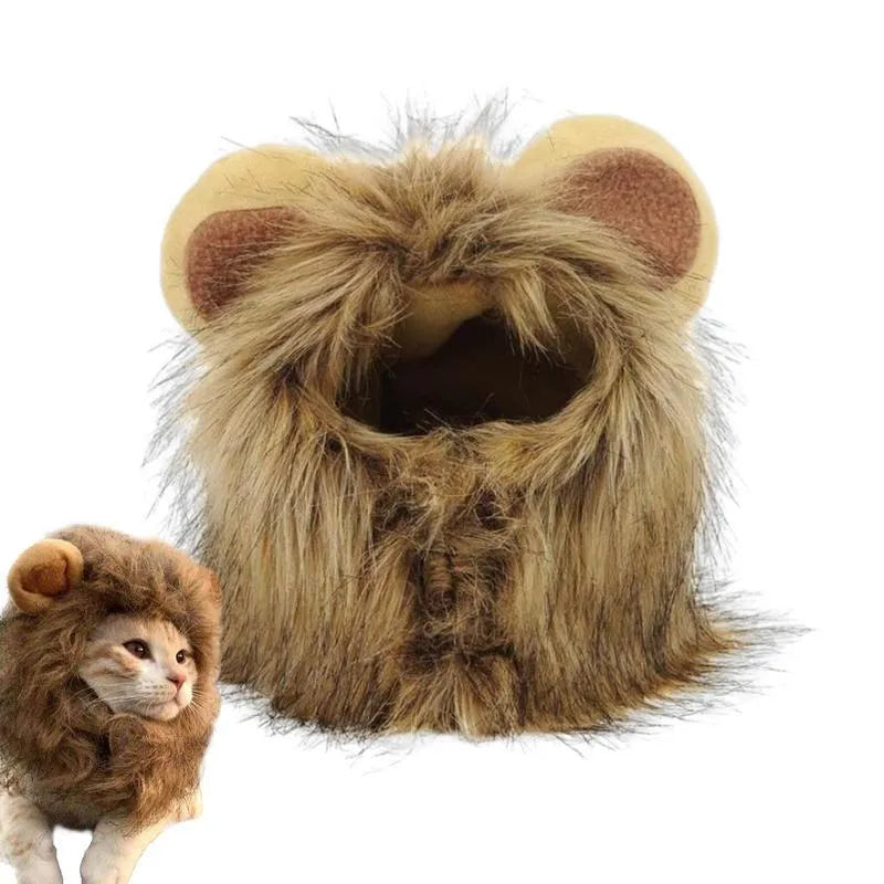 Lion mane pet costume wig on cat showing artificial hair texture and adjustable elastic band