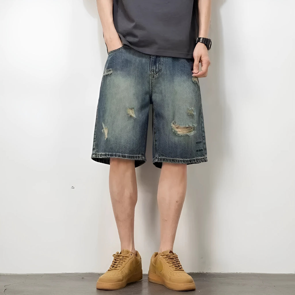 Men's blue retro loose hole denim shorts with straight leg fit