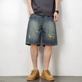Men's blue retro loose hole denim shorts with straight leg fit